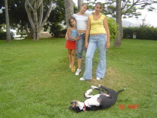 le encanta revolcarse en el cesped.